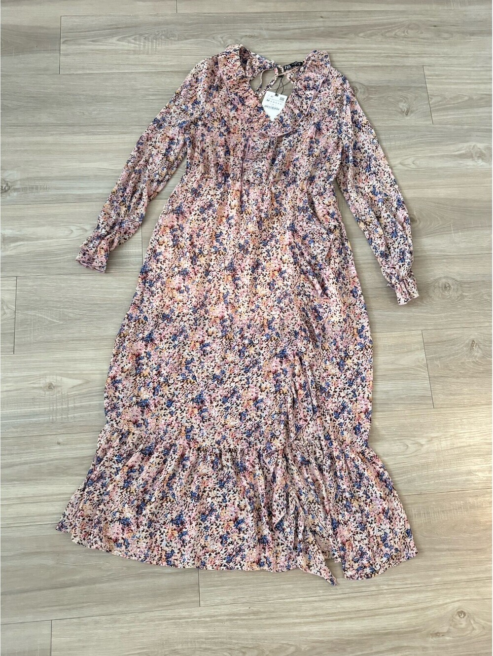 Zara Romantic Floral Print Chiffon Ruffle Trim Laced Up Back Midi Dress M New